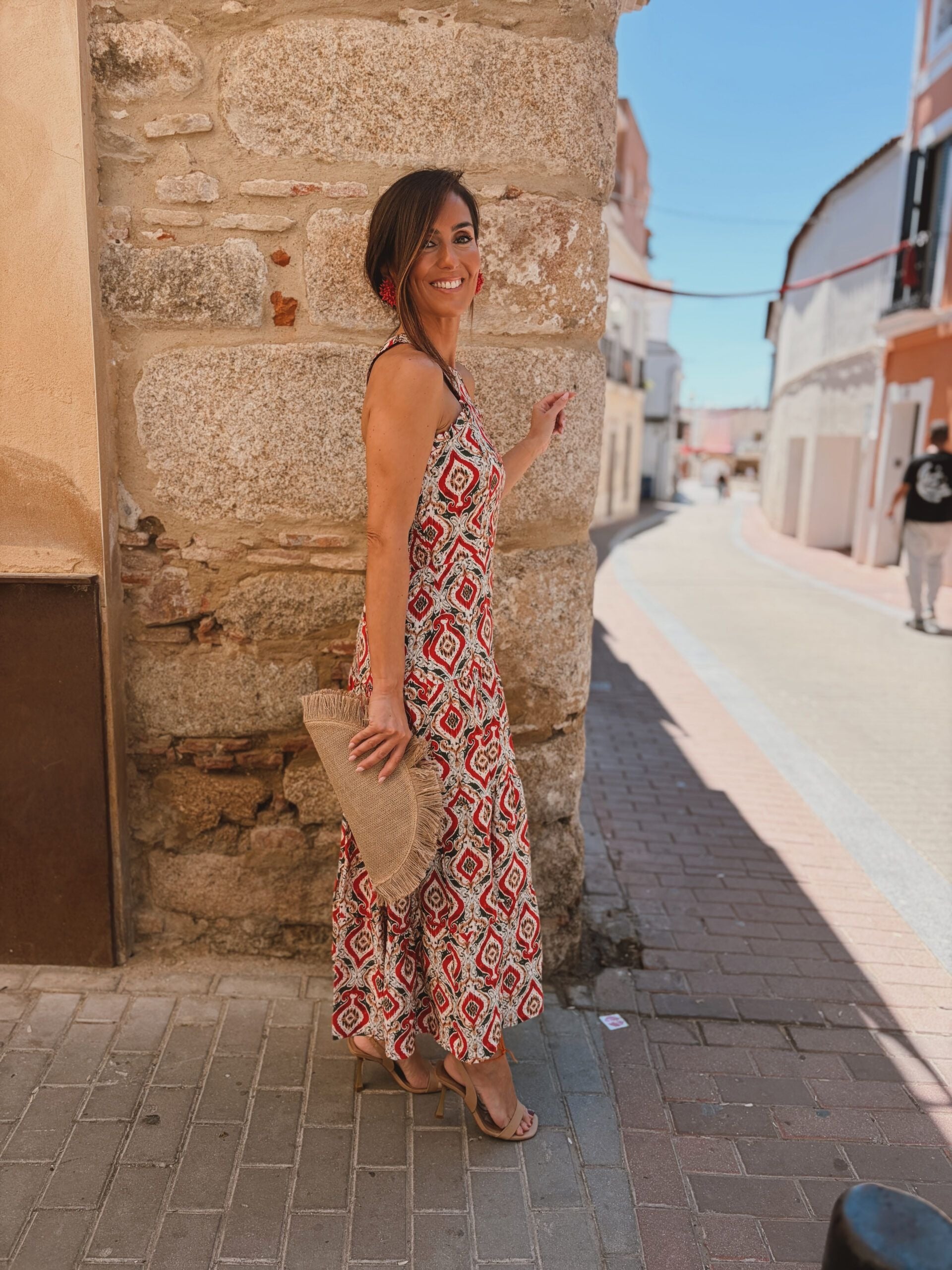 Abito Midi a Balze con Scollo all'Americana Geometrico
