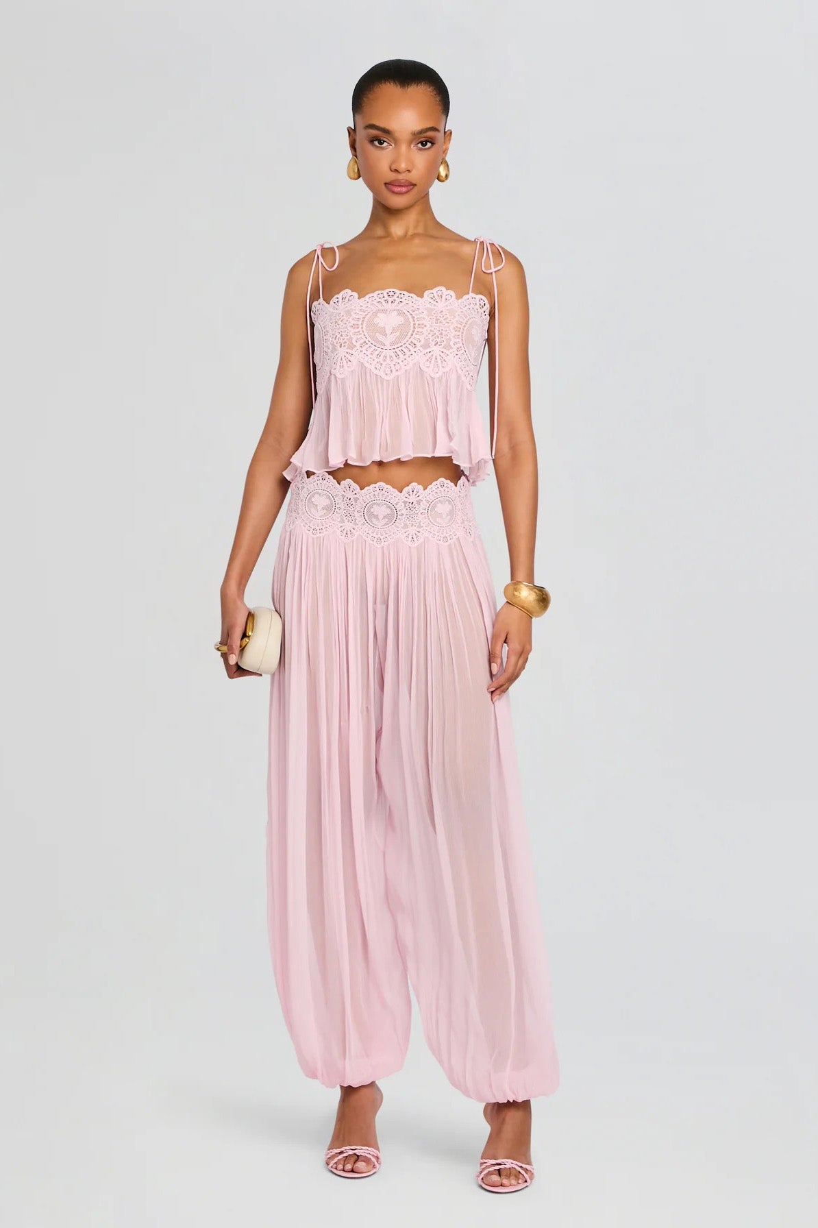 Růžový krajkový babydoll crop top