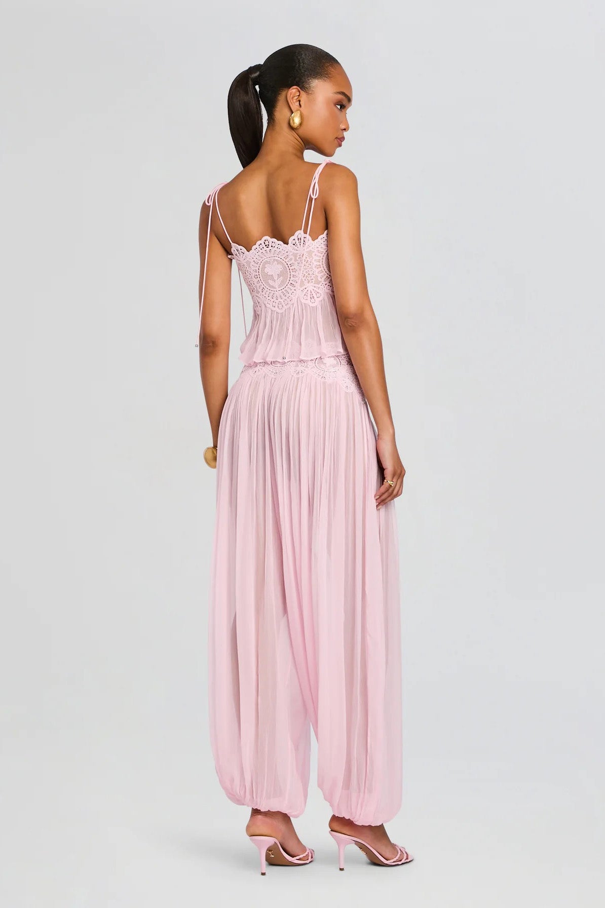 Růžový krajkový babydoll crop top