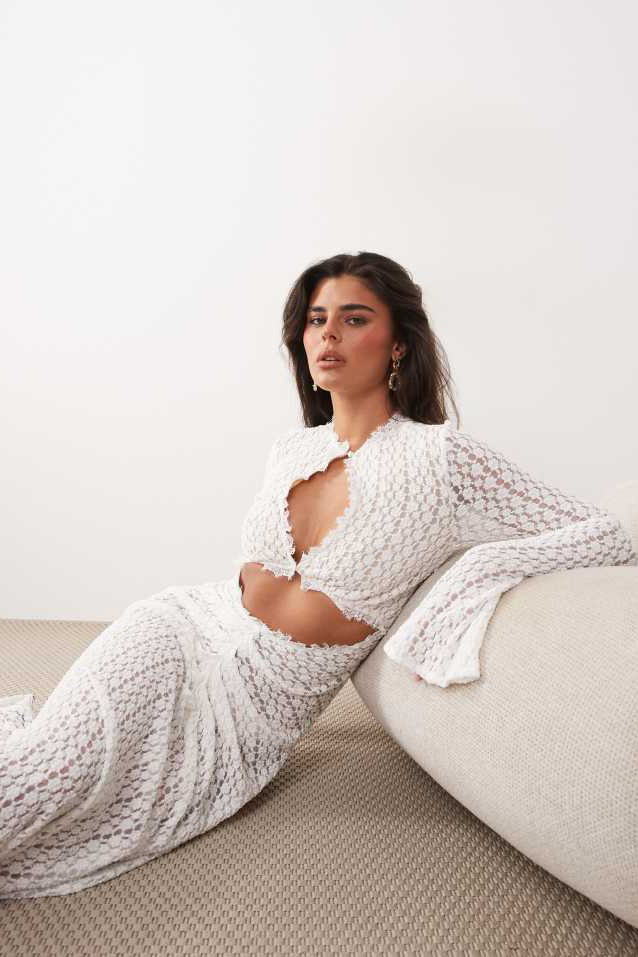Cream Crochet Lace Cut-Out Bell Sleeve Maxi Dress