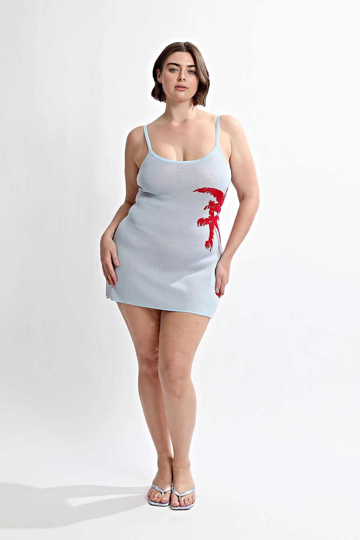 Vestido Mini de Malha com Palmeira Azul Céu