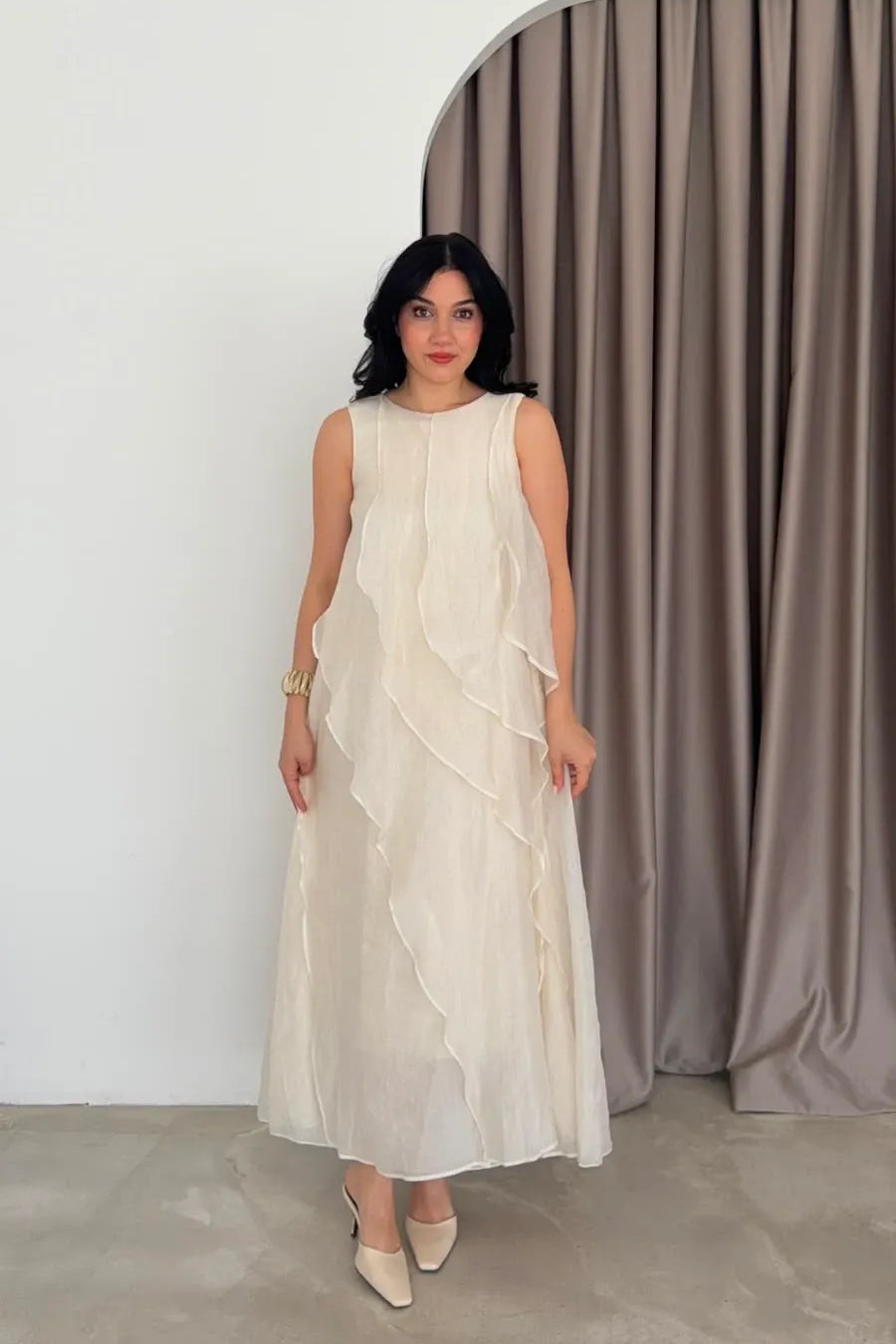 Diagonal Layered Ruffle Sleeveless Maxi Dress