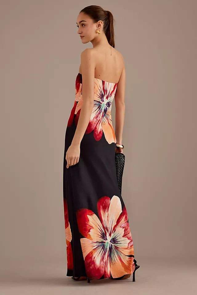 dresses-Janice Floral Printed Strapless Maxi Dress-SD00606052888-Black-S - Sunfere