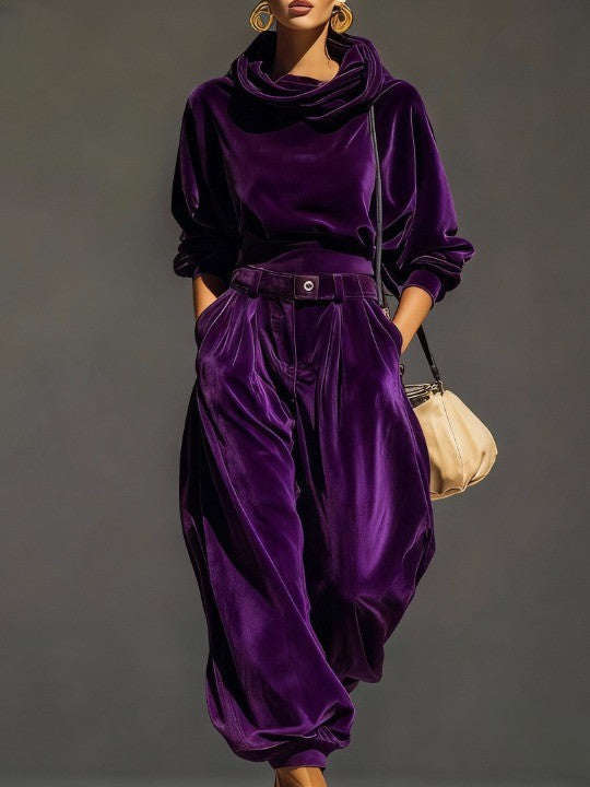Set van vintage bruine fluwelen trui met capuchon en loszittende broek (inclusief riem)