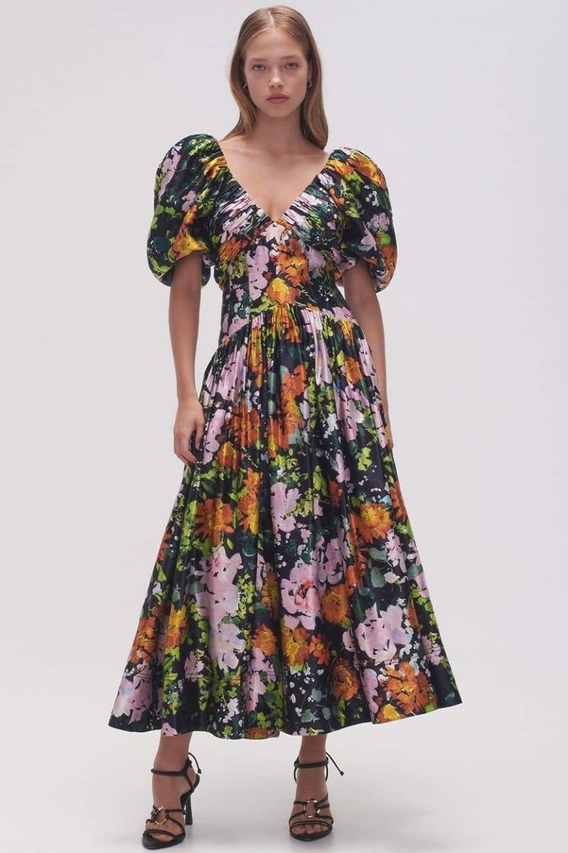 dresses-Megan Printed V-neck Puff Sleeve Midi Dress-SD00604292745-Black-S - Sunfere