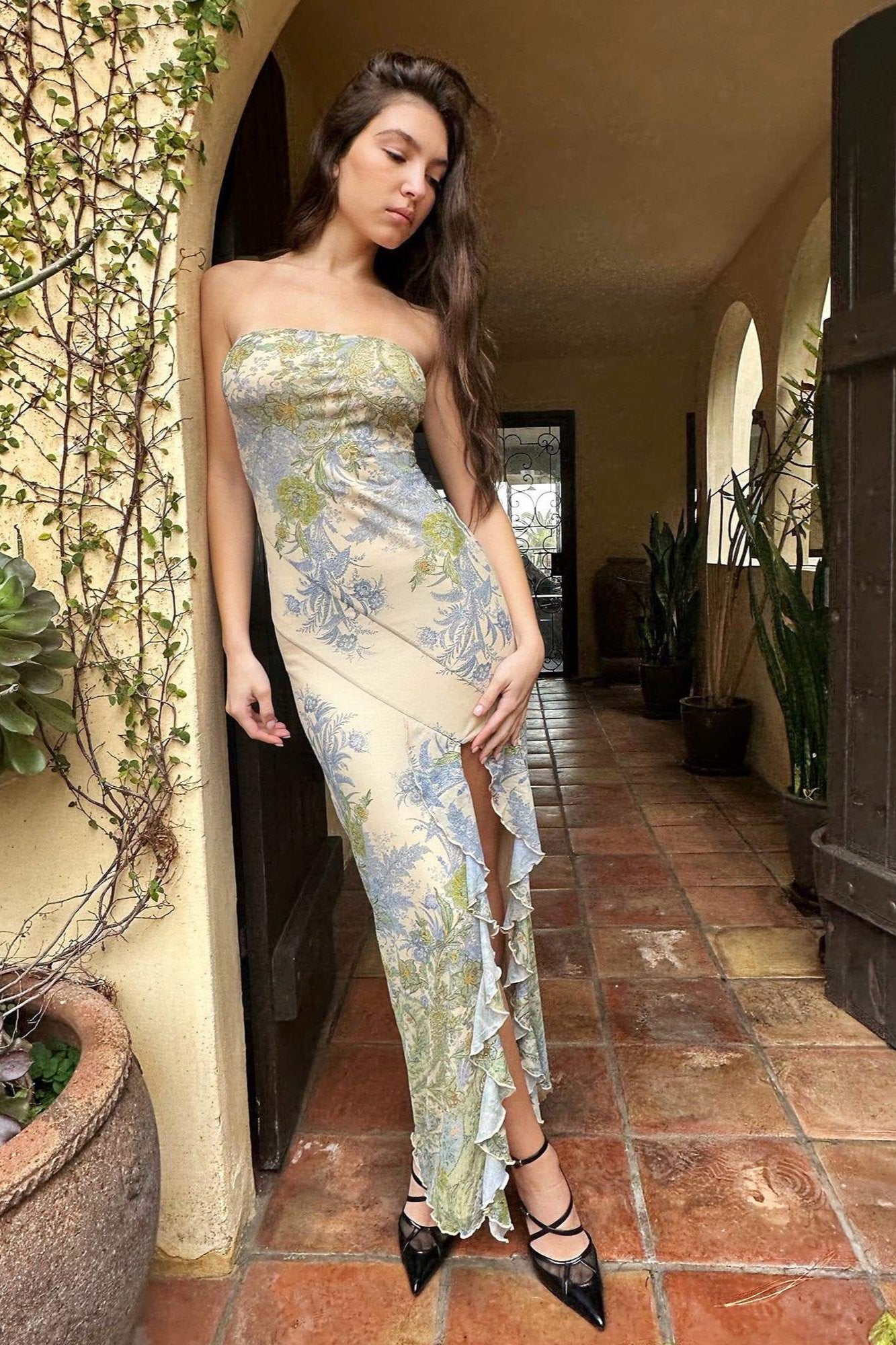 Melinda Printed Strapless Slit Midi Dress