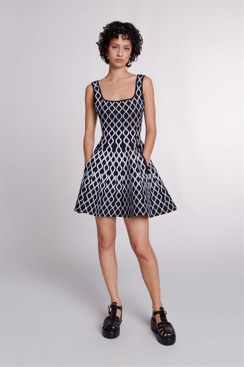 dresses - Mona Abstract Print Square Neck Mini Dress - SD00708013264 - Black - S - Sunfere