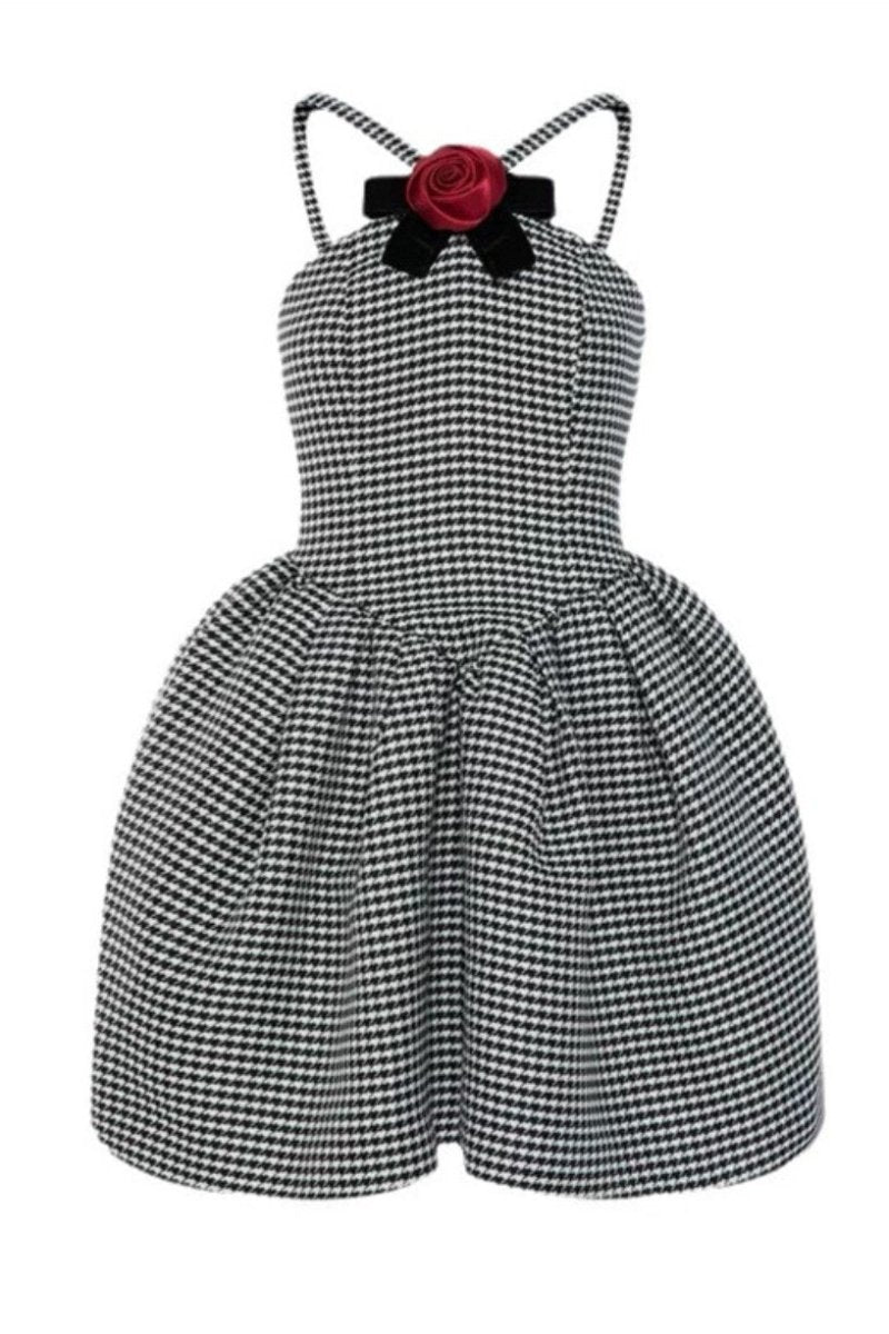 dresses - Mona Houndstooth Rose Bow Trimmed A - line Mini Dress - SD00207293223 - Black - S - Sunfere