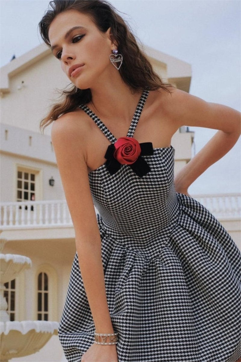 dresses - Mona Houndstooth Rose Bow Trimmed A - line Mini Dress - SD00207293223 - Black - S - Sunfere