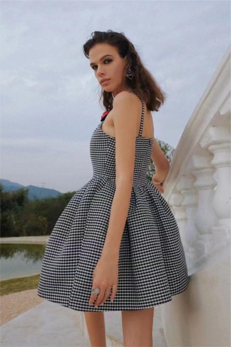 Rochie mini în formă de A cu fundă trandafir Mona Houndstooth