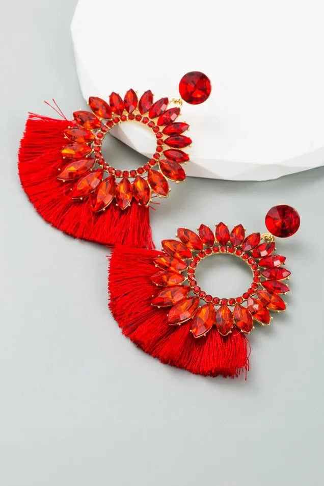 Naomi Sunflower Shape Diamante Tassel Earrings