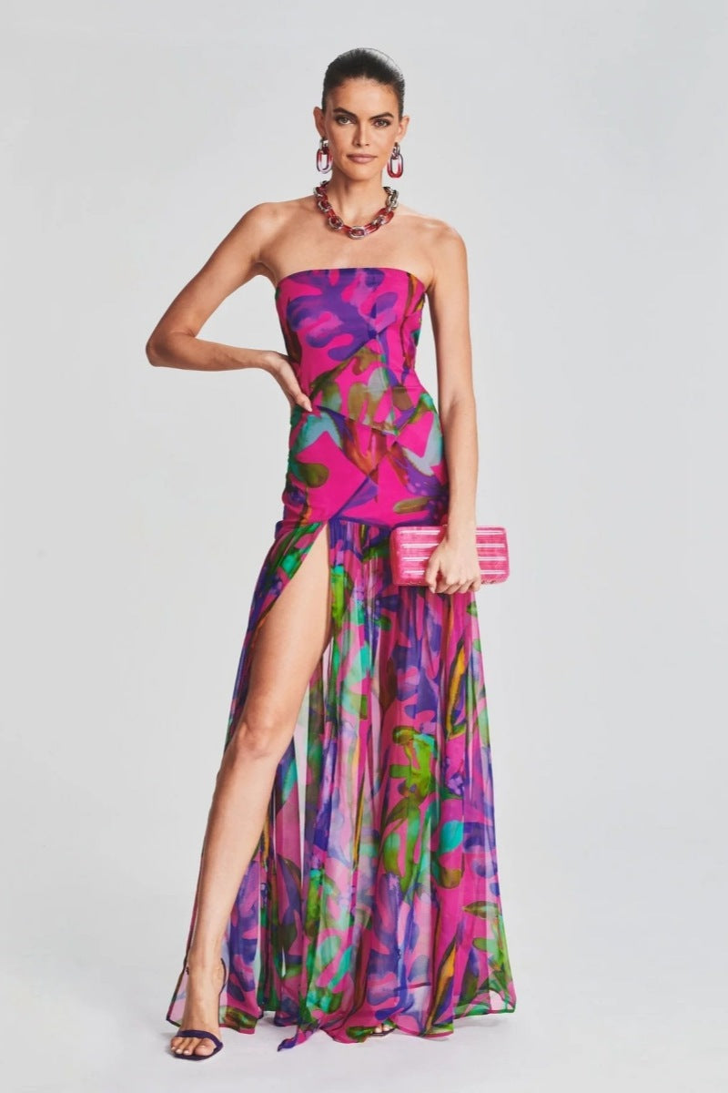 Pam Printed Strapless Slit Maxi Dress