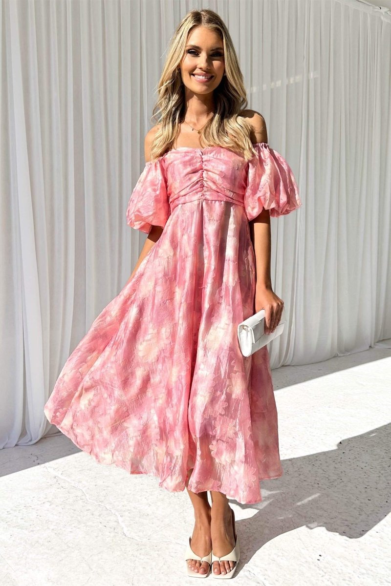 dresses-Patricia Off-shoulder Puff Sleeve Midi Dress-SD00605312856-Pink-S - Sunfere