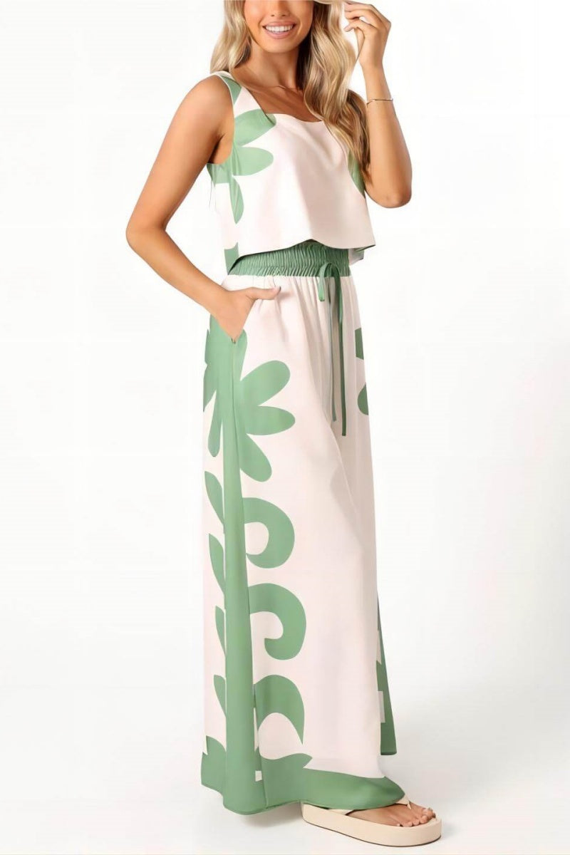 Sleeveless Folk Floral Loose Wide-Leg Pants Set