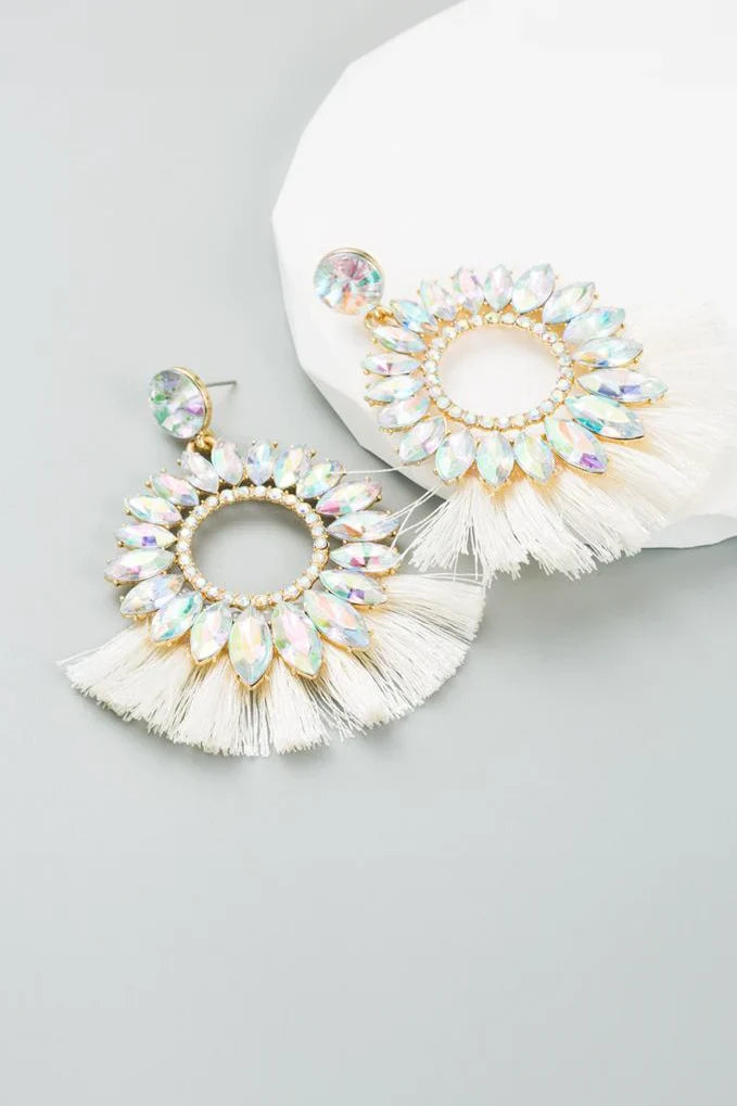 Naomi Sunflower Shape Diamante Tassel Earrings