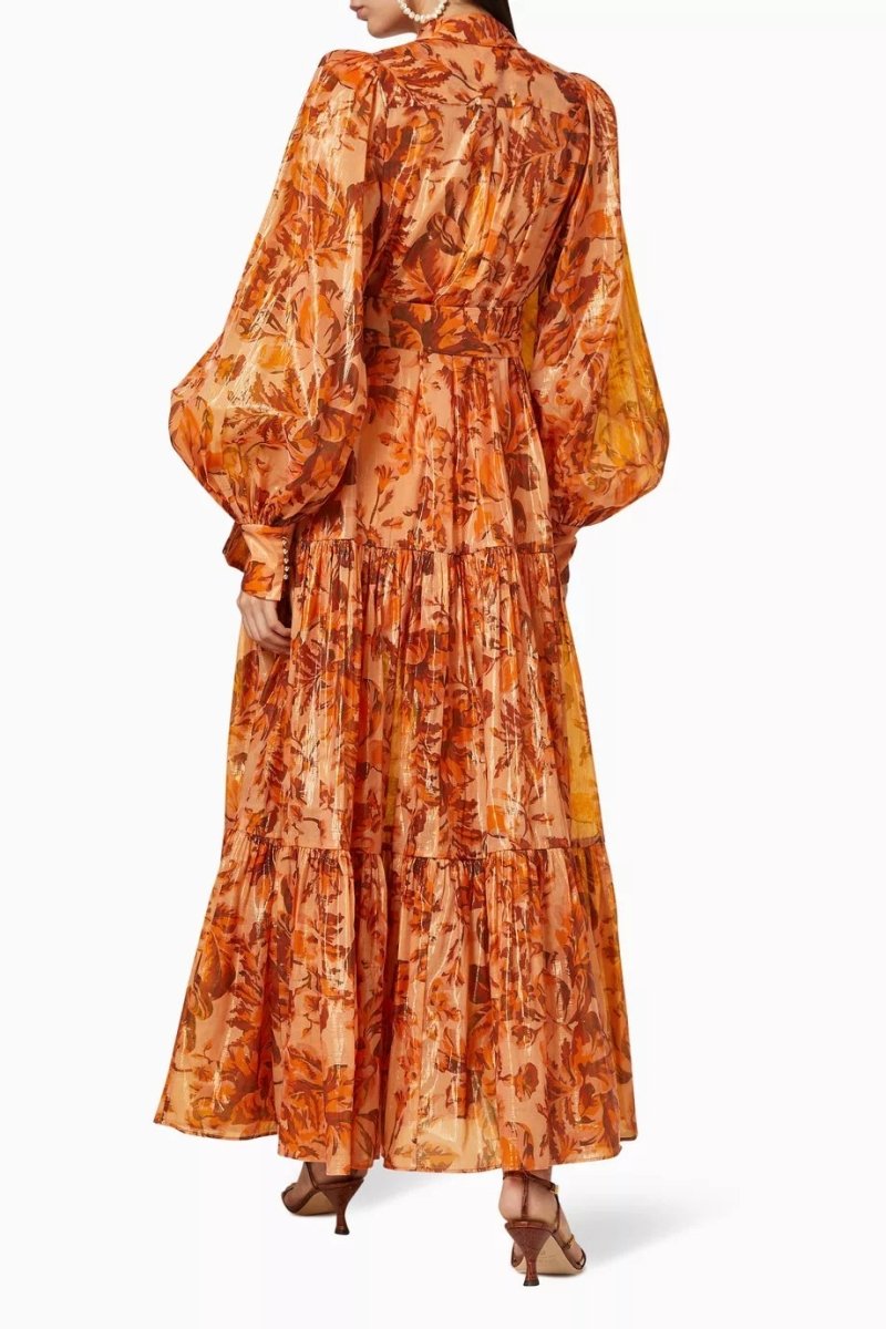 Queena Printed Balloon Sleeve Maxi Dress-Sunfere