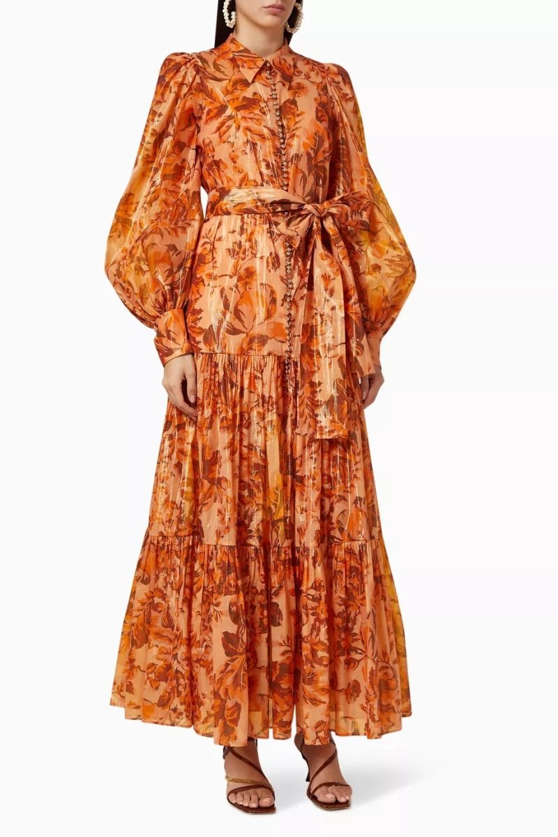 Queena Printed Balloon Sleeve Maxi Dress-Sunfere