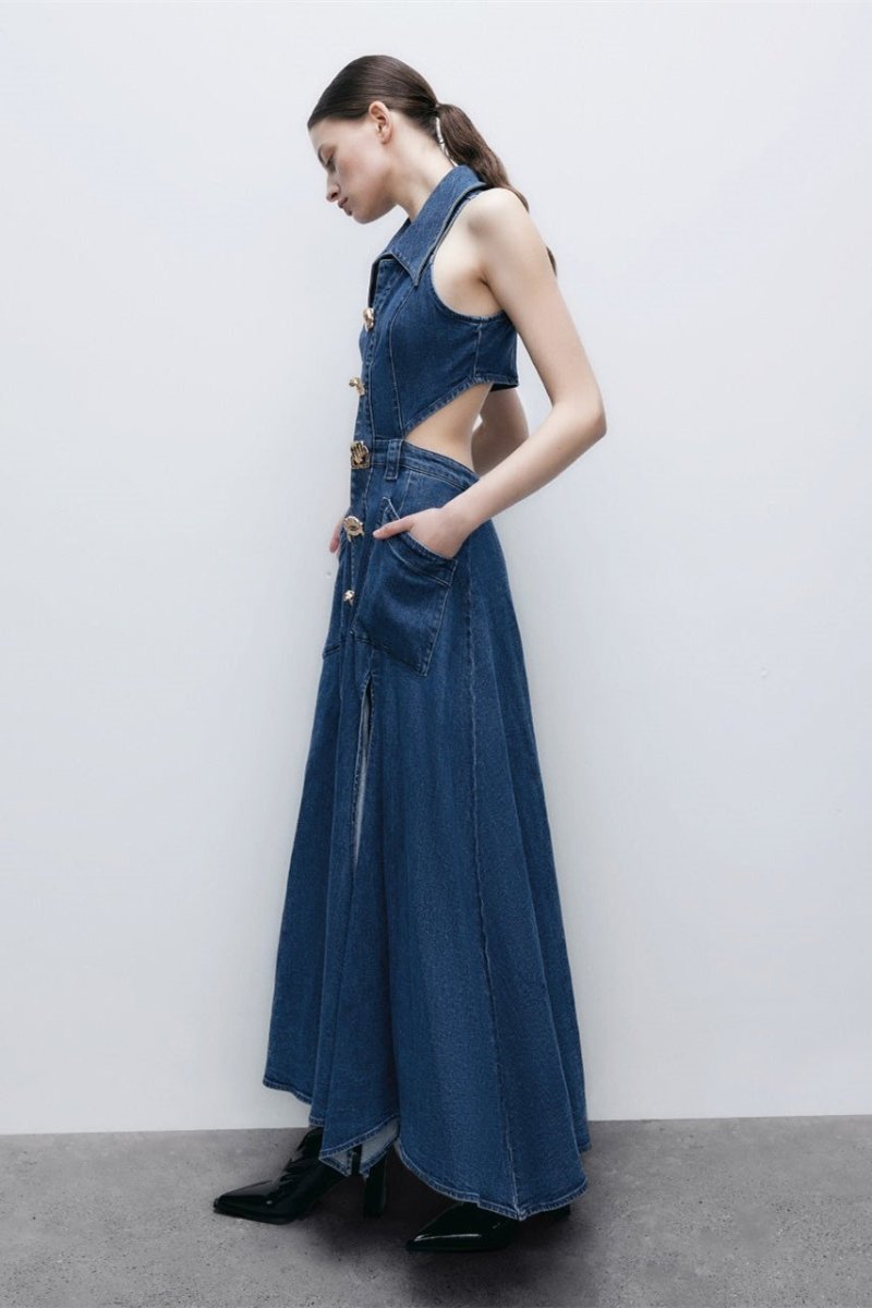 dresses - Regina Lapel Collar Cut - out Denim Maxi Dress - SD00707313251 - Blue - S - Sunfere