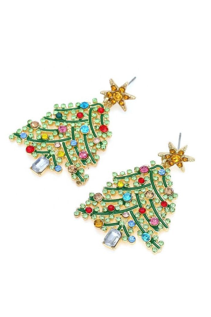 Rhinestone Christmas Tree Drop Earrings-Sunfere