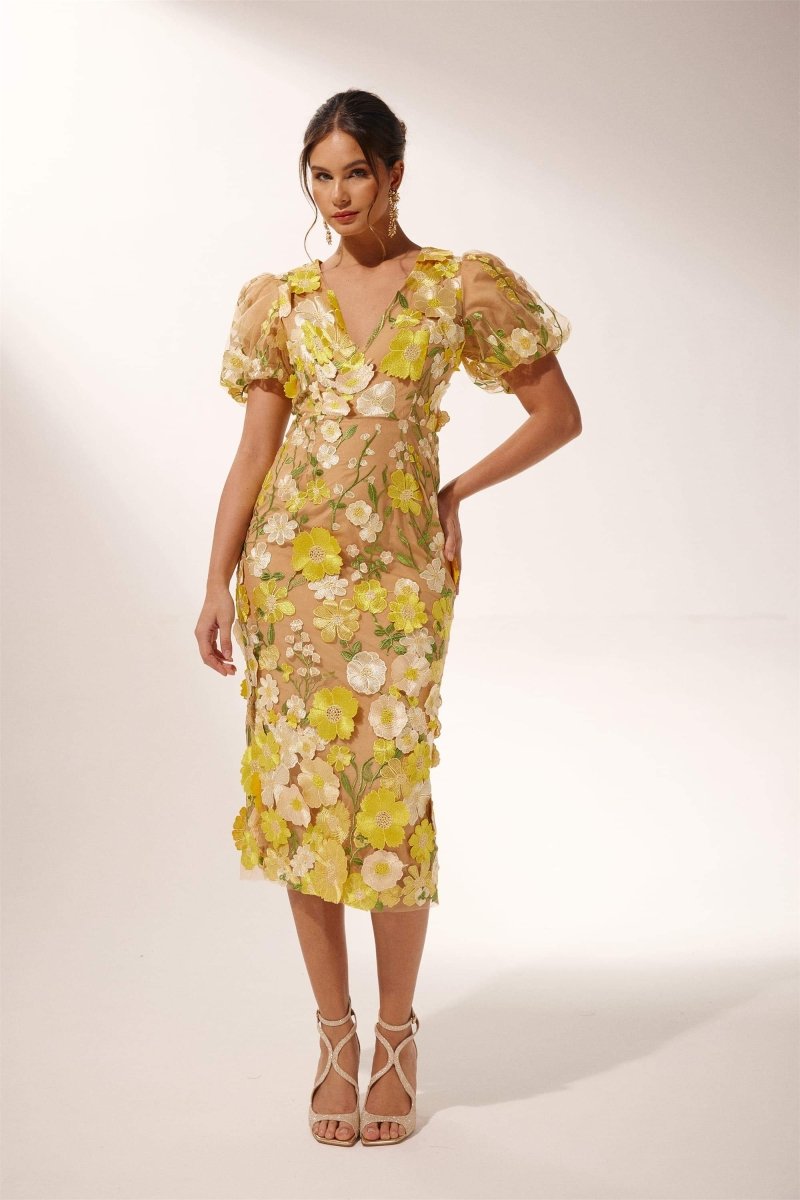 dresses - Sally V - neck Floral Midi Dress - SD00607043017 - Yellow - S - Sunfere