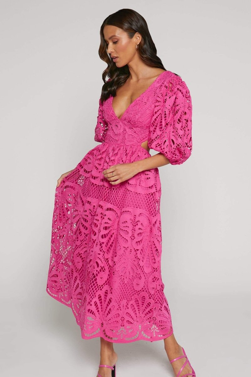 dresses-Sandra Embroidered Lace Cut-out Midi Dress-SD00604302756-Hot Pink-S - Sunfere