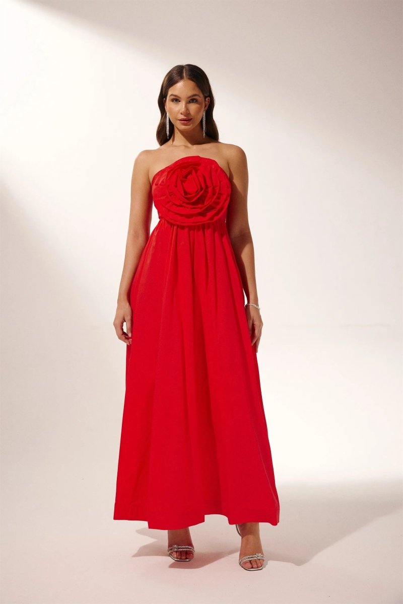 Sculpted Flower Strapless Maxi Dress-Sunfere