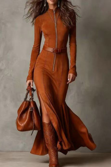 Elegant Dark Brown Suede Drawstring Irregular Midi Dress