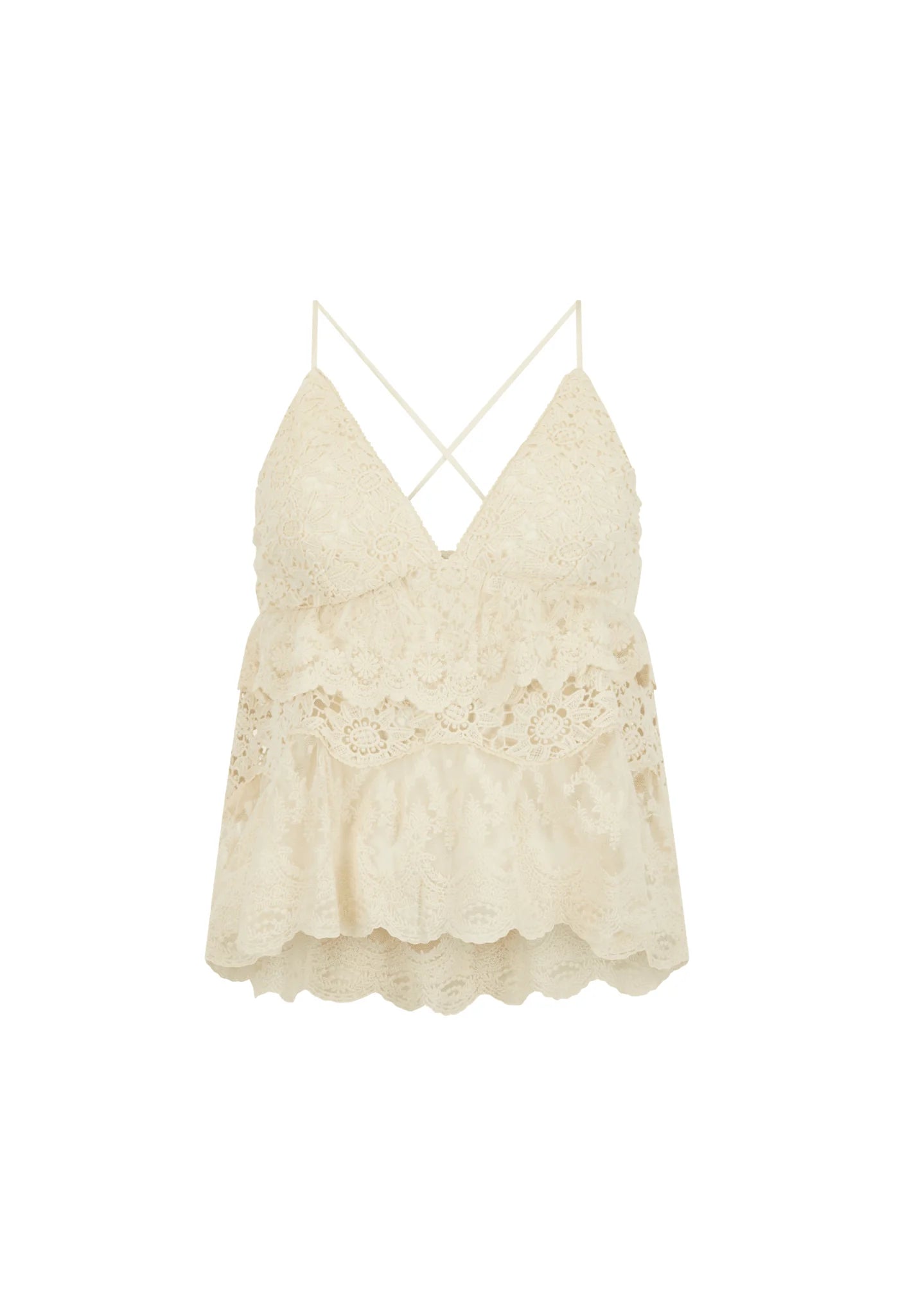 Krémový průsvitný krajkový top s halter výstřihem a peplum volánem