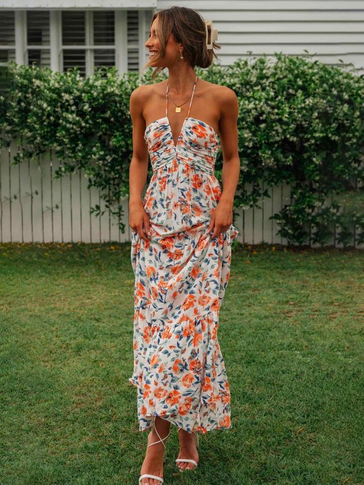 dresses-Sue Floral Printed Halterneck Maxi Sundress-SD0020516107-Orange-S - Sunfere