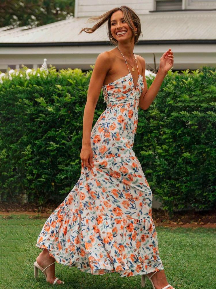 dresses-Sue Floral Printed Halterneck Maxi Sundress-SD0020516107-Orange-S - Sunfere