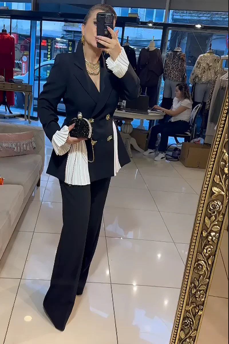 Pleated Accents Double Breasted Blazer