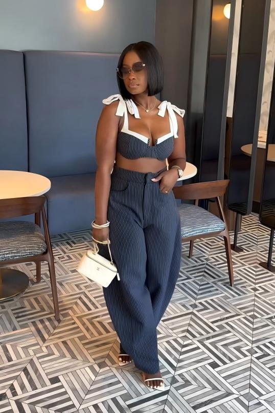 Chic Retro Striped Wide Leg Pants Set