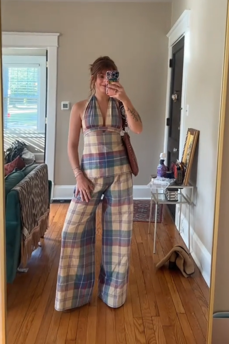Boho Plaid Wide Leg Pants Set