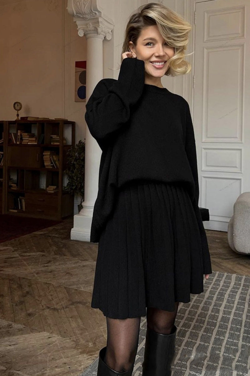 Solid Color Pullover Round Neck Sweater & Pleated Skirt Set